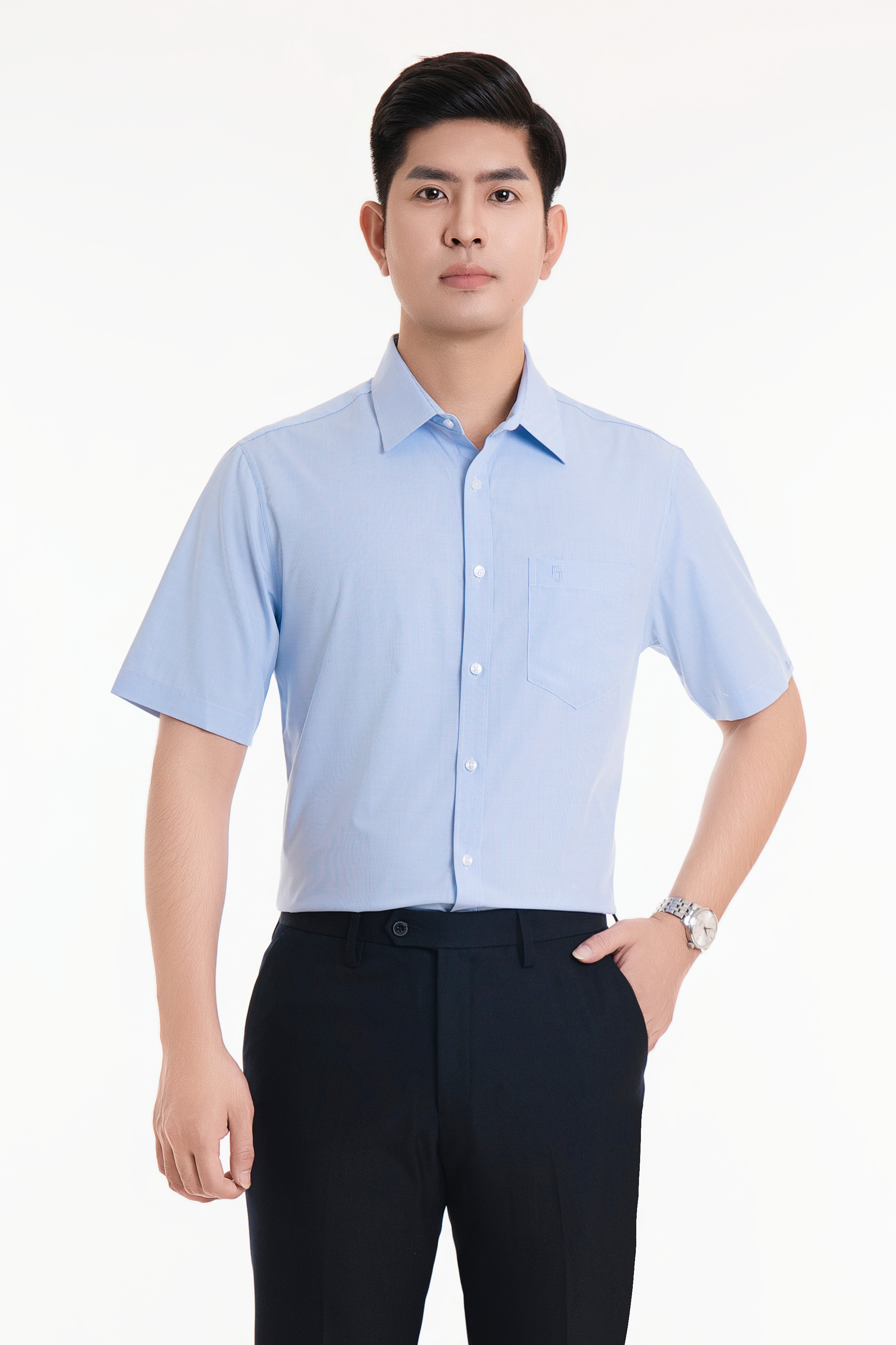 Áo sơ mi nam ngắn tay 23ASM-987 chất liệu cotton kẻ sọc xanh dáng suông đơn giản Thái Hòa
