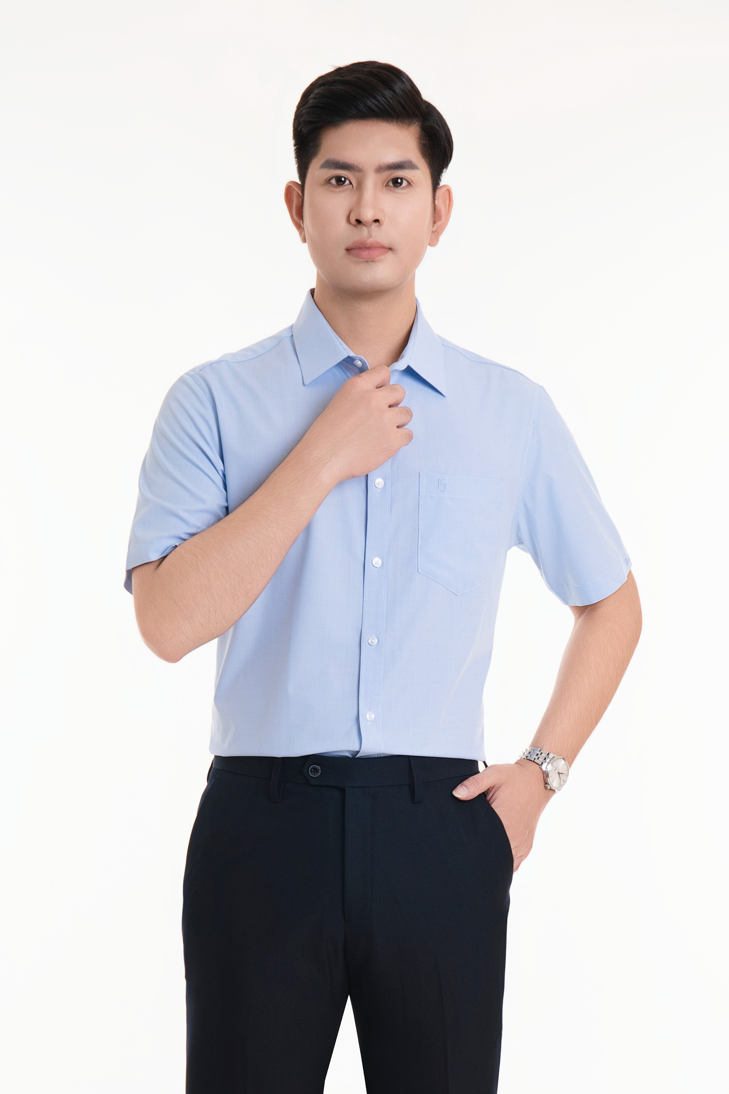 Áo sơ mi nam ngắn tay 23ASM-987 chất liệu cotton kẻ sọc xanh dáng suông đơn giản Thái Hòa